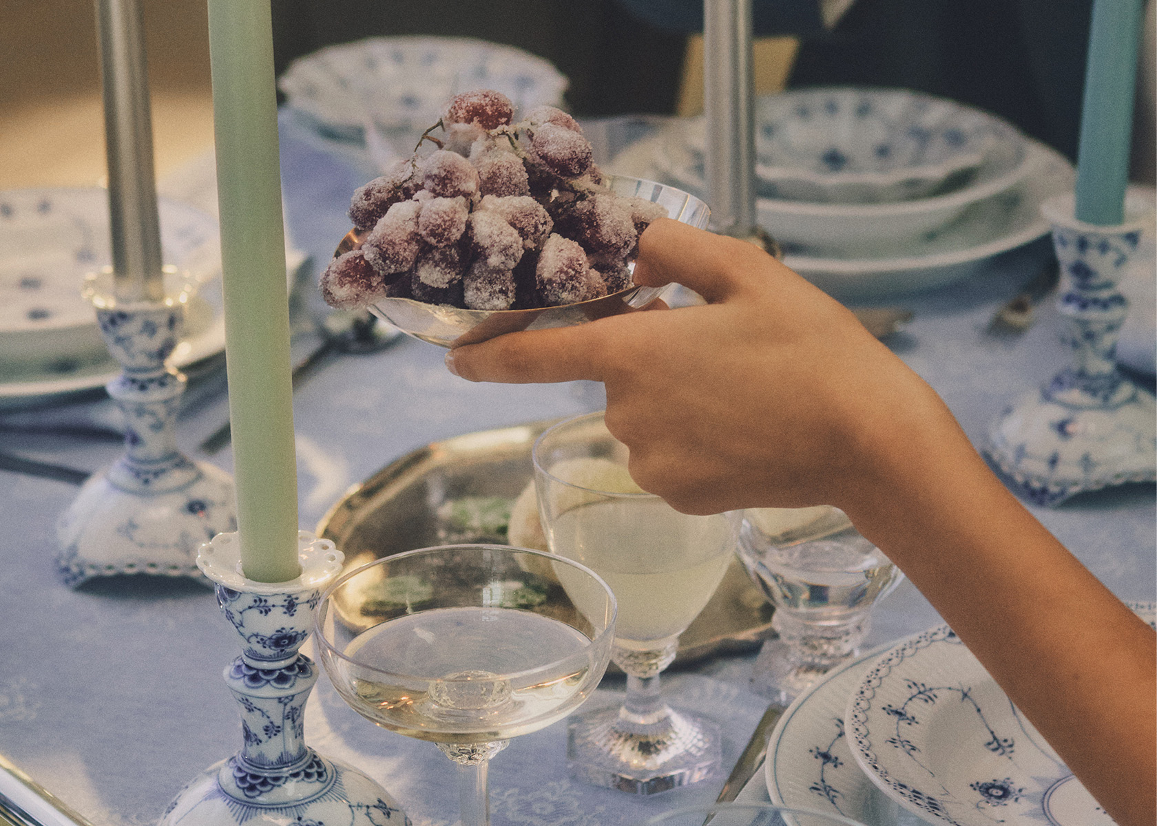 A Beautifully set table on the Heritage Tablecloth, with our new Aurora glasses